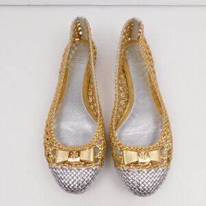 Tory Burch Gold and Silver Flats with Bow 7.5 (70625)